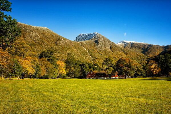 Red house at the foot of the mountains