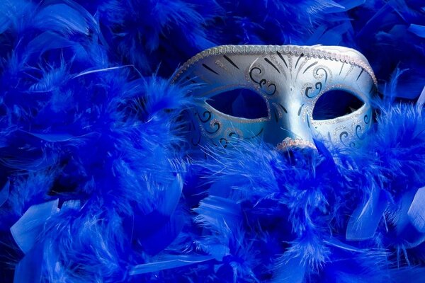 Maska karnawałowa wystaje z niebieskich piór