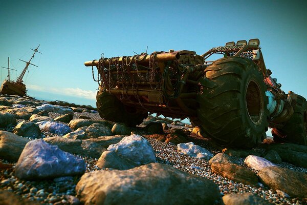 Vista della ruota anteriore di un SUV in piedi sulle rocce con la barca sullo sfondo