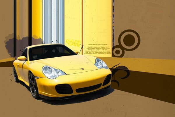 Yellow porsche on a yellow processed background