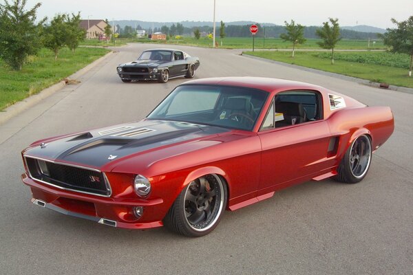 Black and red muscle class car