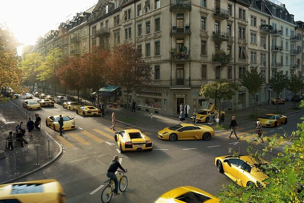 Beaucoup de voitures jaunes dans la ville