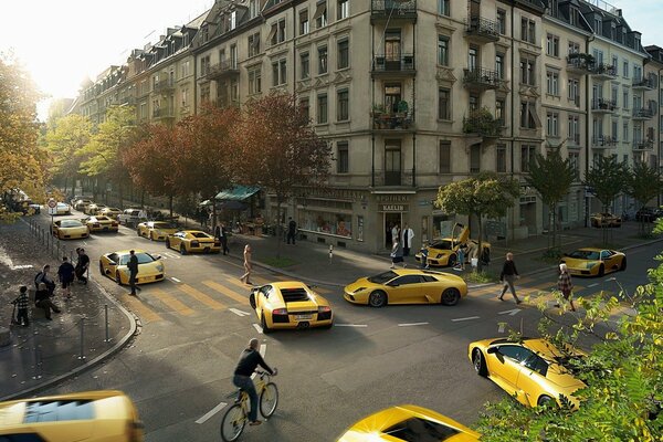 Dużo żółtych samochodów w mieście