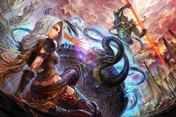 Fantasy girl on the background of a bowl with snakes closes her hand from a toothy dragon snake in the background a warrior with a burning sword and a beautiful city with statues and castles in the sky sunset clouds