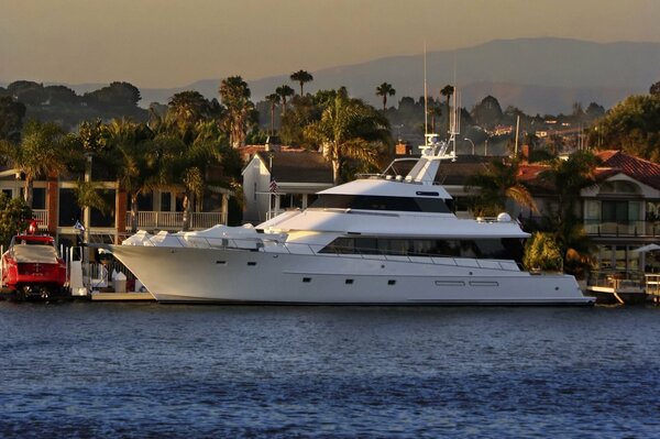 Elegante yate en el muelle entre palmeras