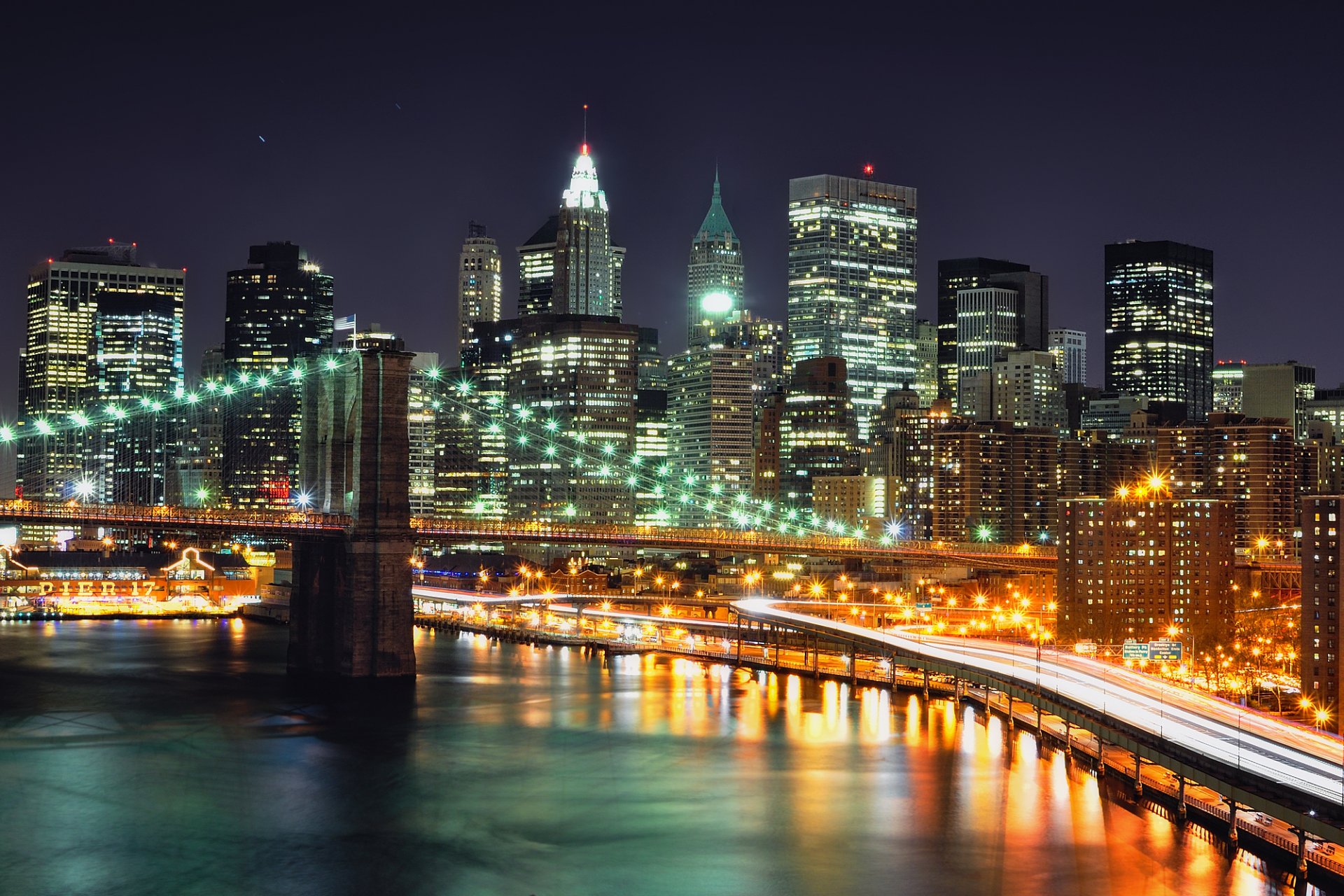 nueva york puente noche rascacielos luces