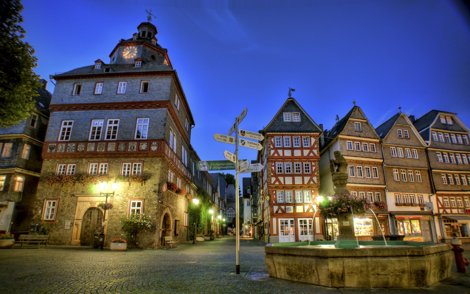 herborn market place germany fountain night house lamps index