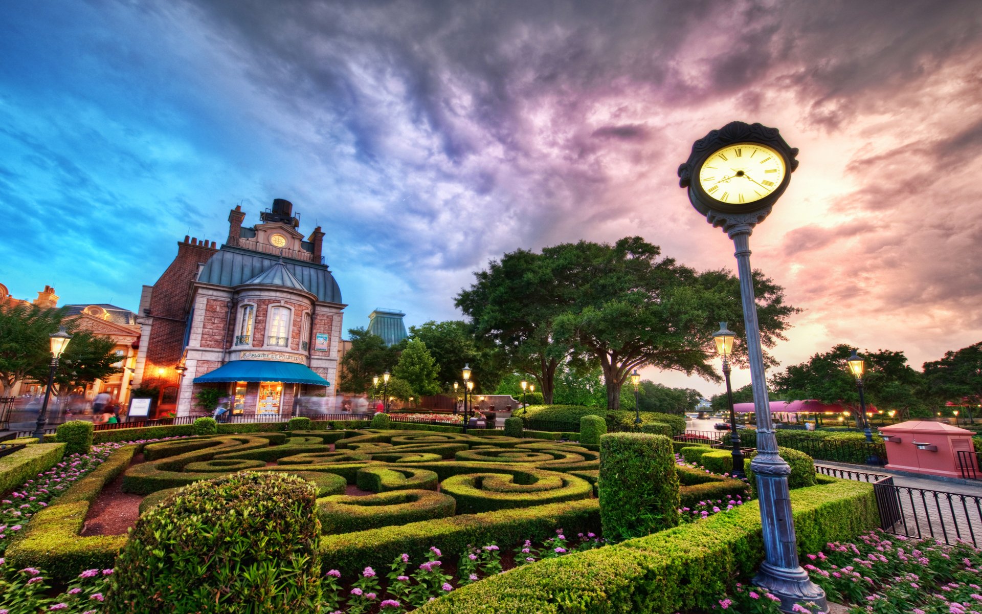 disney world sonnenuntergang wolken gebäude laternen