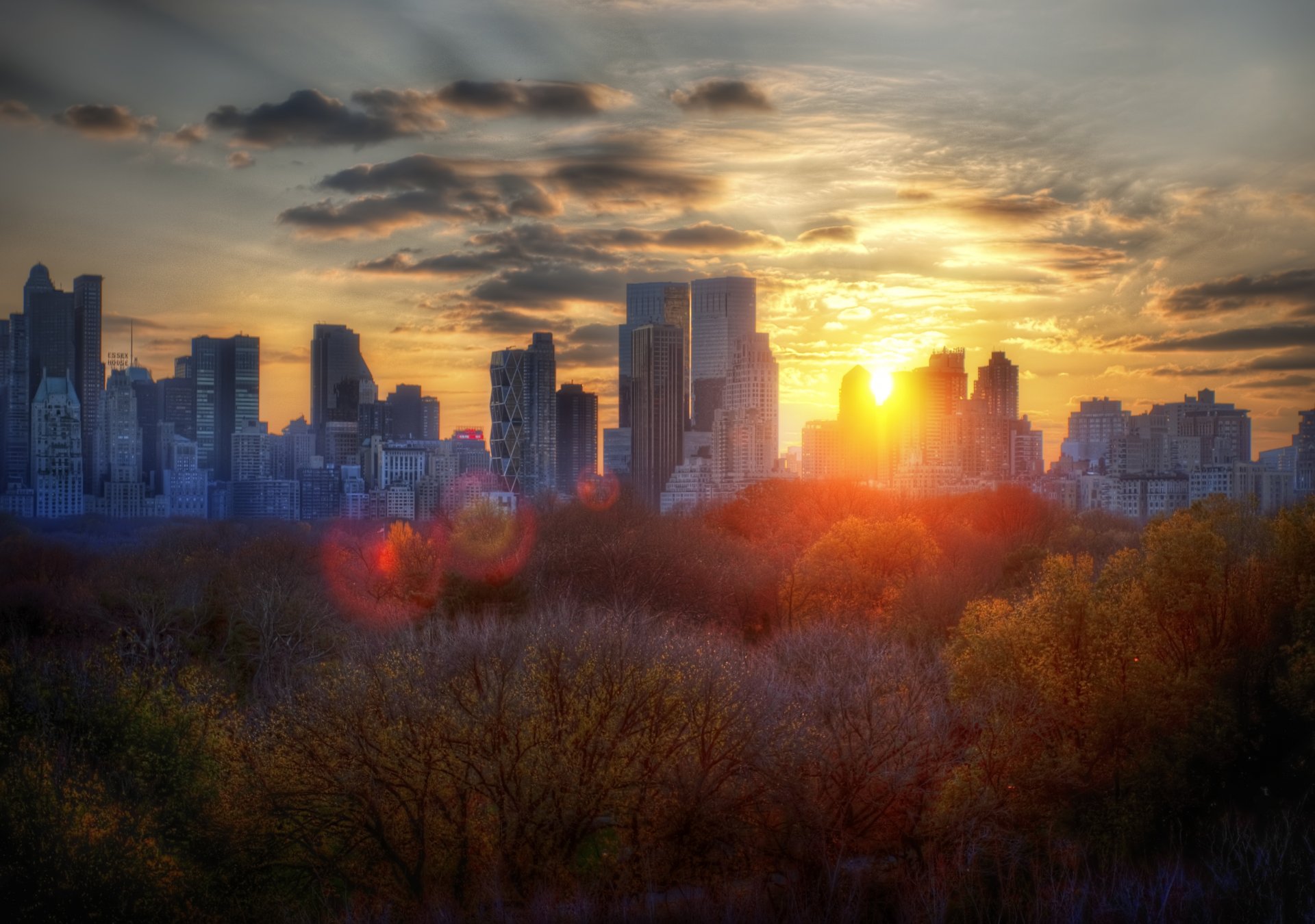 new york autunno tramonto alberi edifici nuvole