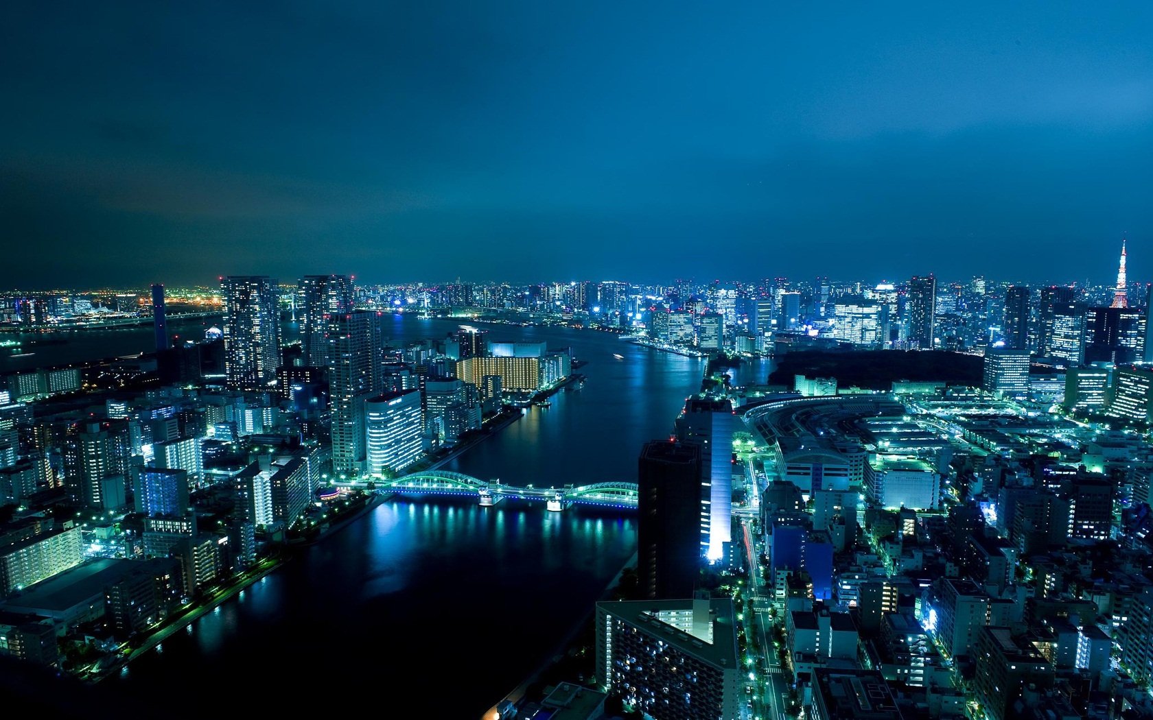 japon bâtiments rivière pont nuit lumières