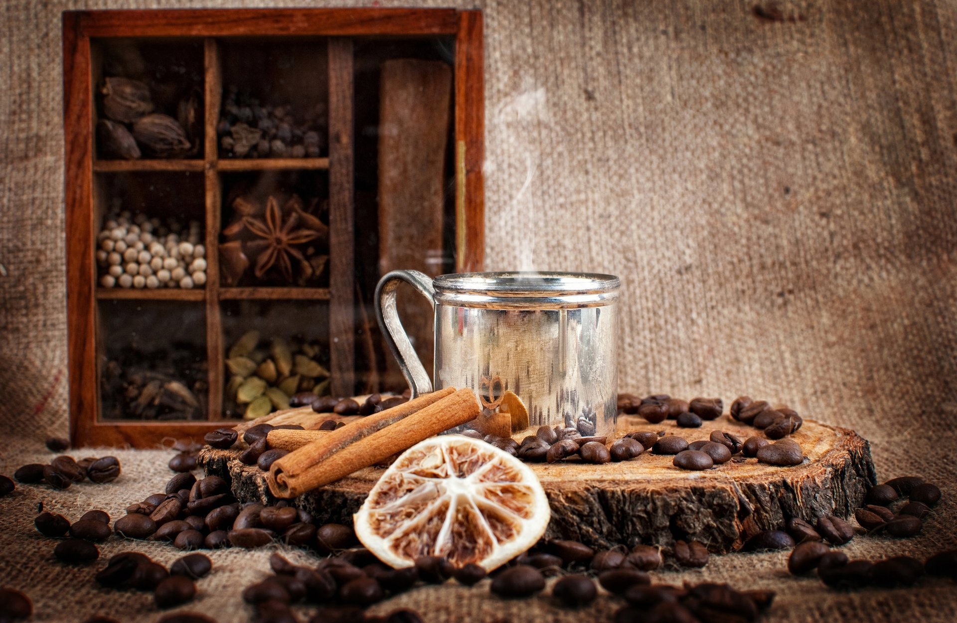 coffee grain sticks locker cinnamon spices drink