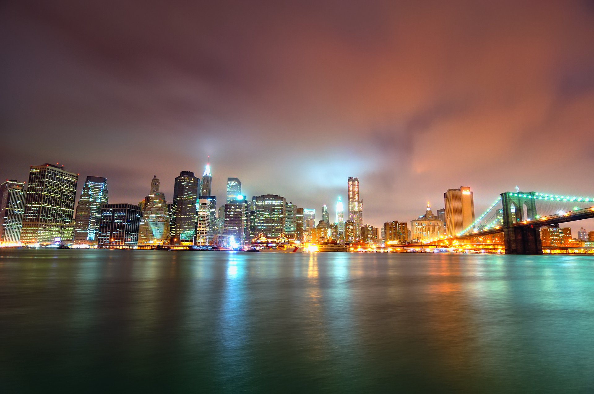 manhattan nacht brooklyn brücke park new york wolkenkratzer lichter