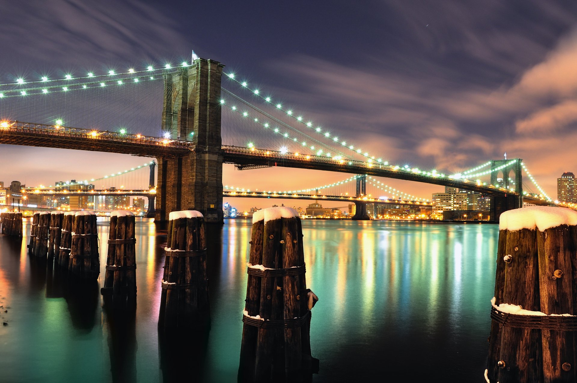 después nieve brooklyn puente noche nueva york luces