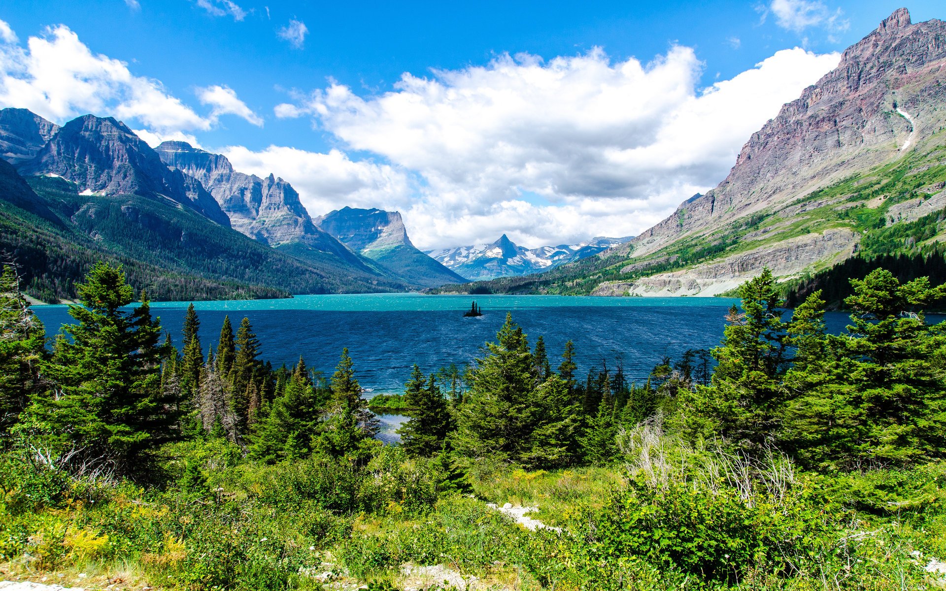 aint mary lake glacier national park abetos lago montañas naturaleza