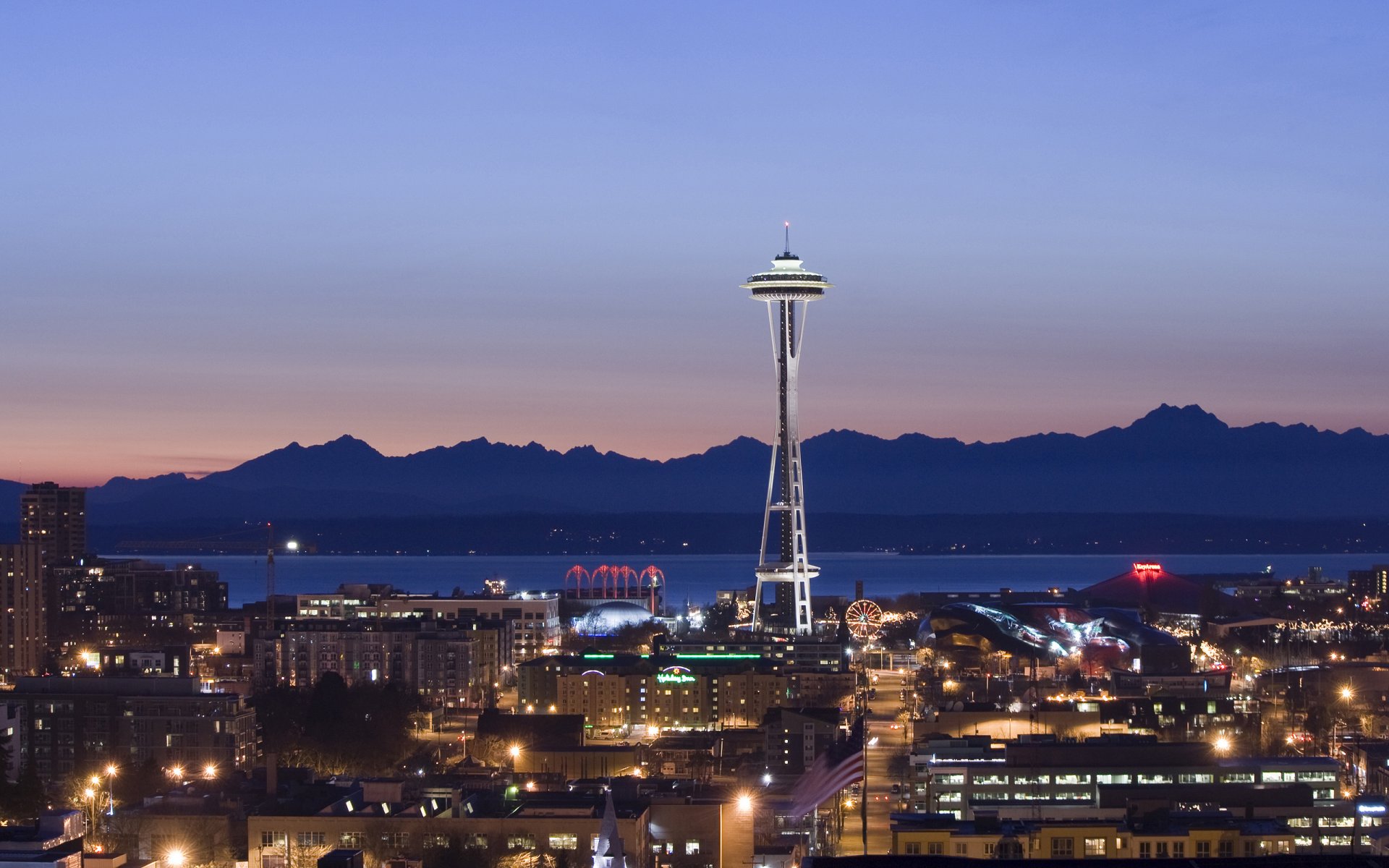 сиэтл башня вечер горы space needle