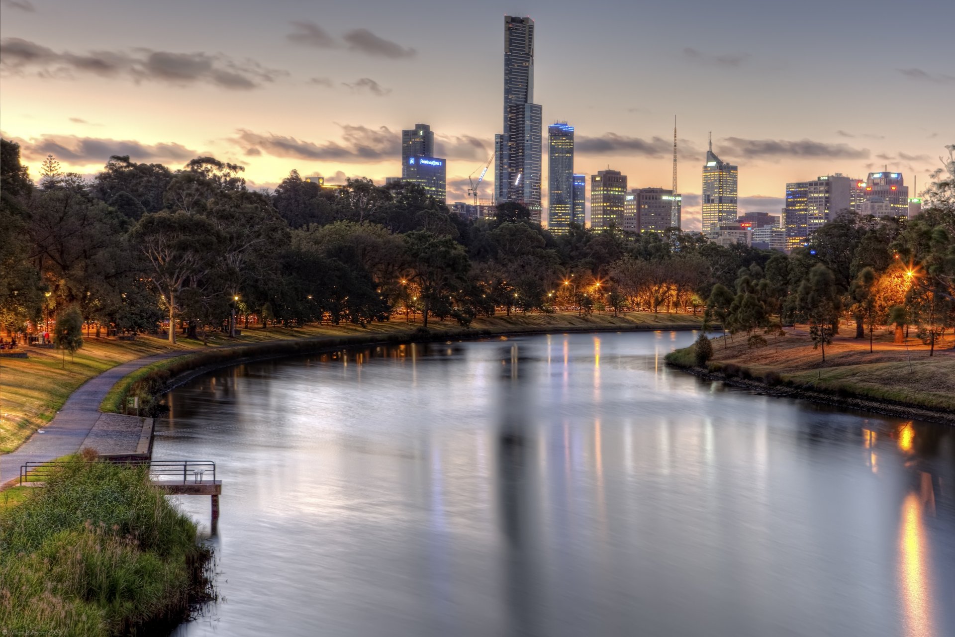 yarra-flüsse fluss abend bäume laternen