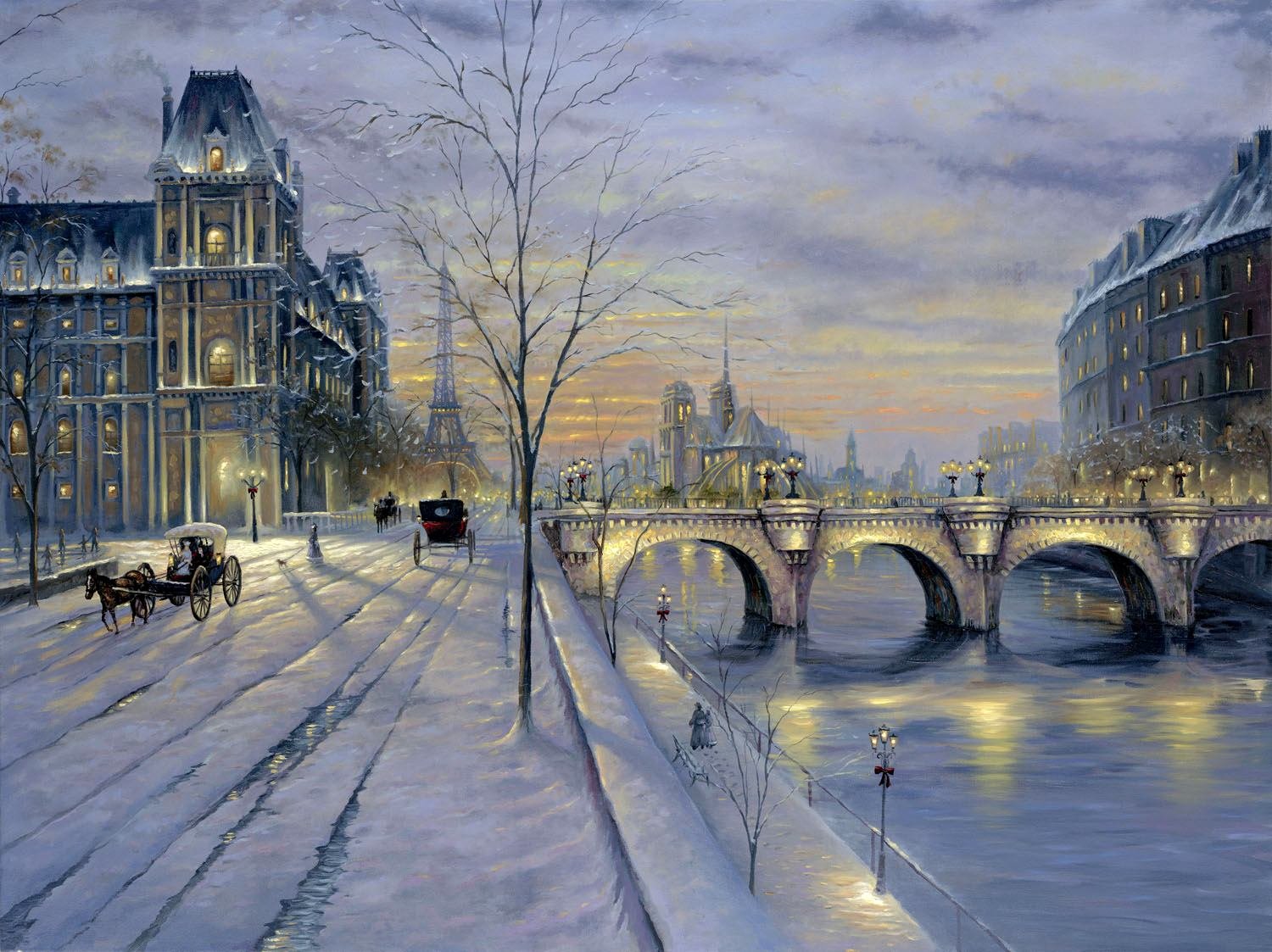 puesta de sol invierno parís calle nieve pintura final