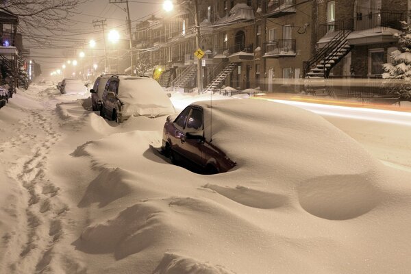 Cars under the snow beautiful night