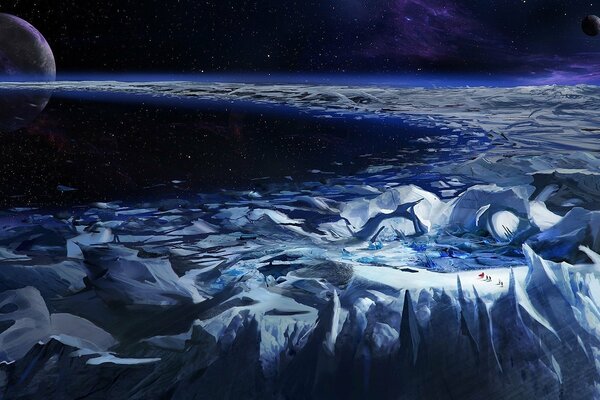 The surface of the planet with ice mountains