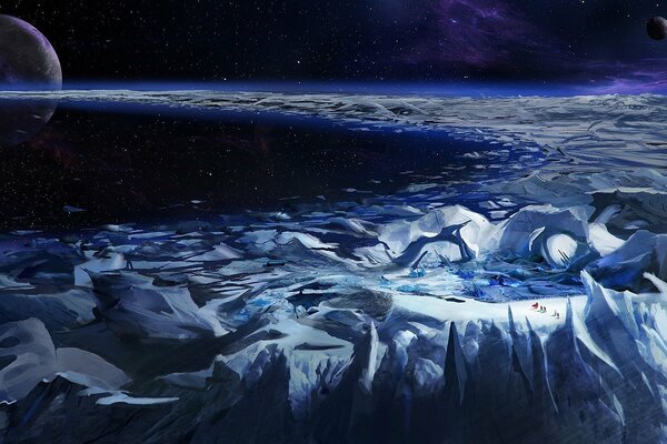 Superficie del pianeta con montagne ghiacciate