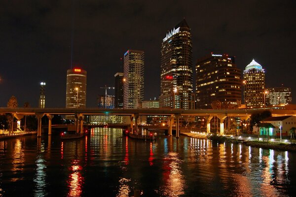 View of the night city illuminated by the lights of lanterns