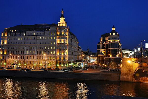 Bright lights and buildings on the embankment