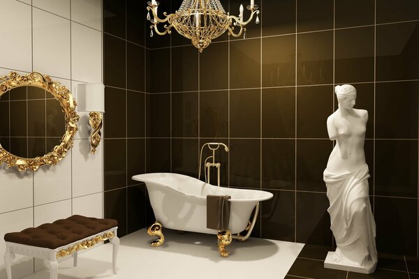 Bathroom with dark tiles and a statue of Veronica