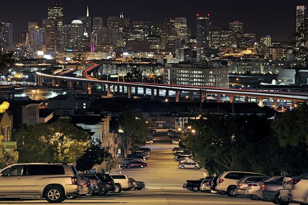 Strings of cars at night in San Francisco