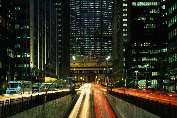 The road from the tunnel among the tall houses