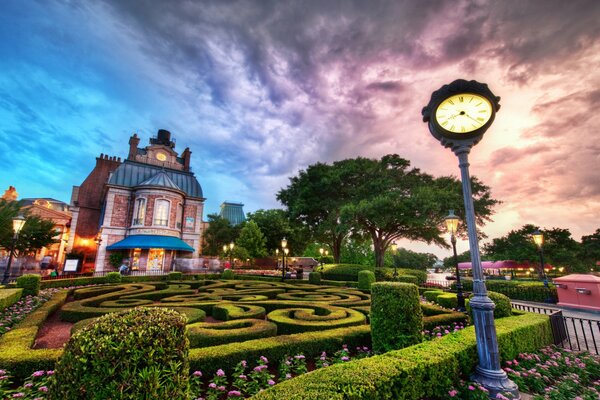 Magical sunset over the house and garden