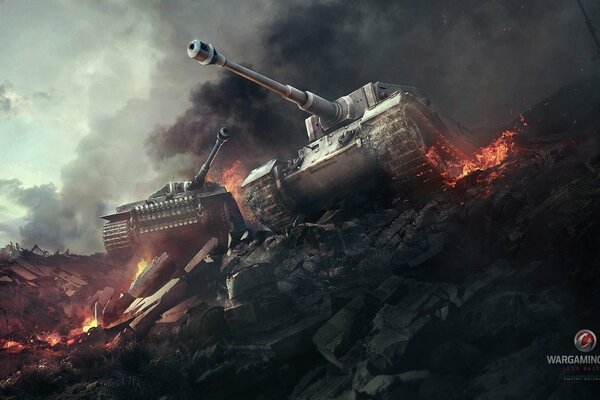 Two tanks are driving through the ruins