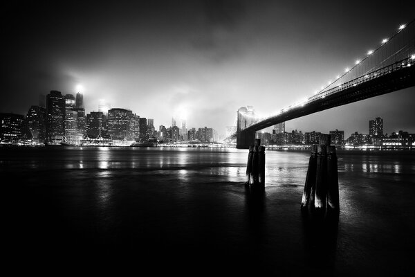 Foto en blanco y negro. Vista de la metrópoli nocturna, el puente