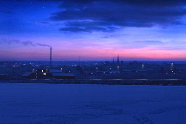 Winter Sonnenuntergang in der Stadt mit Fabriken