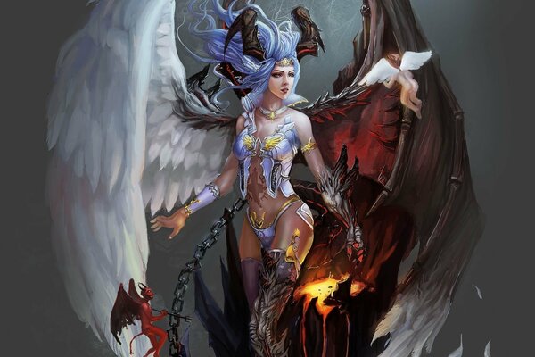 Art angel with angel and demon wings