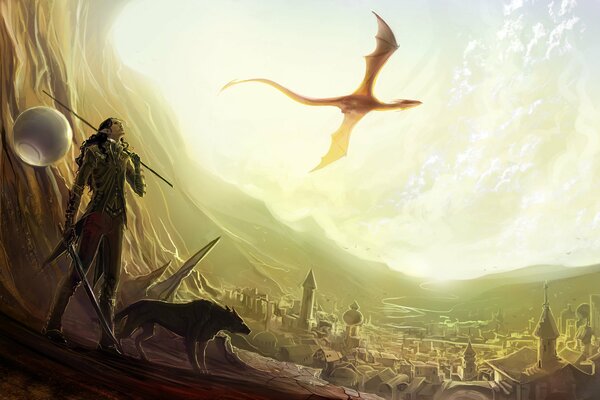 Obraz w stylu art z elfem i latającym smokiem