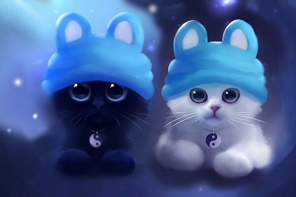 Flauschige Kätzchen in blauen Mützen