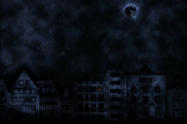 Gloomy black sky and houses