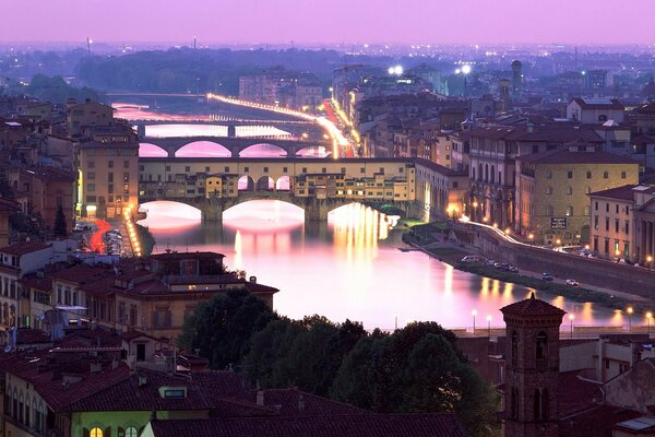 Bridges on the background of the sunset sky of lilac color