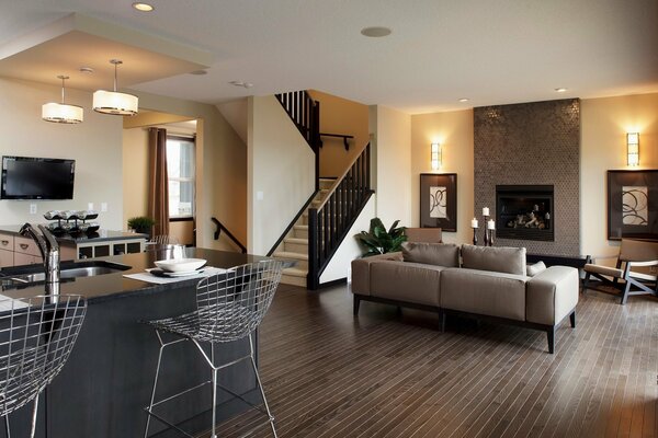 Modern style lounge with fireplace and table