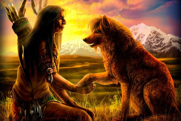 A wolf with an Indian at sunset