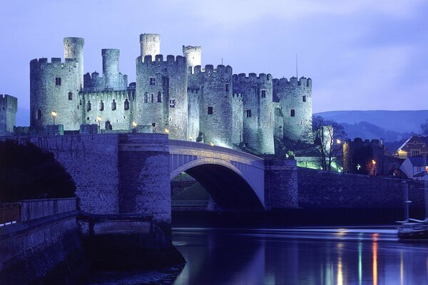 Un antico castello luminoso sul ponte lilla sopra il fiume in cui si riflettono le luci della sera