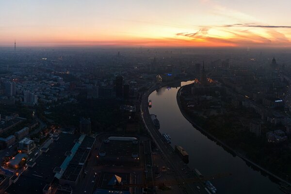 Early morning. Dawn in the haze over Moscow