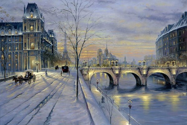 Paesaggi invernali di Parigi al tramonto