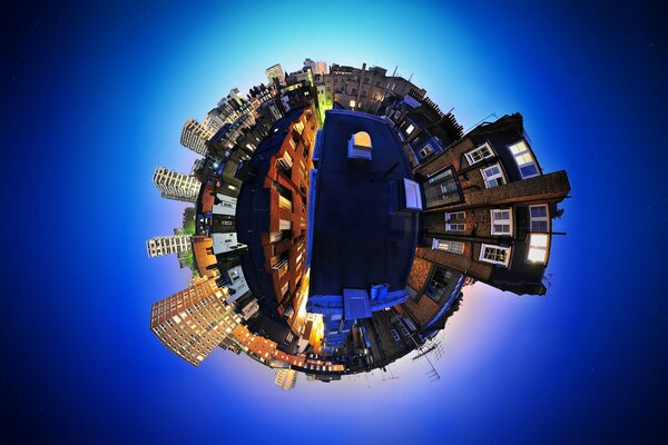 Blue background city panorama distortion