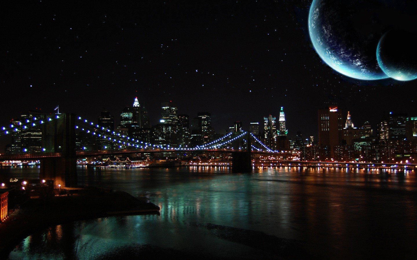 noche cielo luna río puente