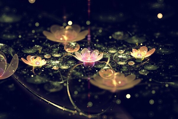 Abstract transparent gold and pink flowers in dark water