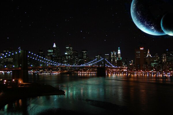 Bright night moon over the river and bridge