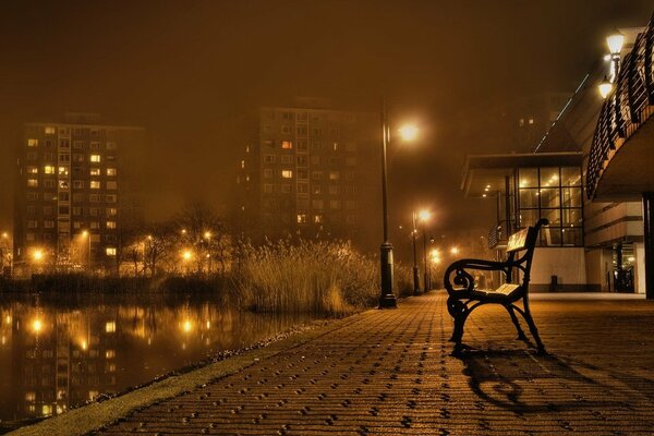 Beautiful night landscape. Bench by the city pond