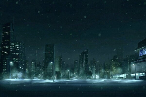 Drawing of a winter, snow-covered, night city