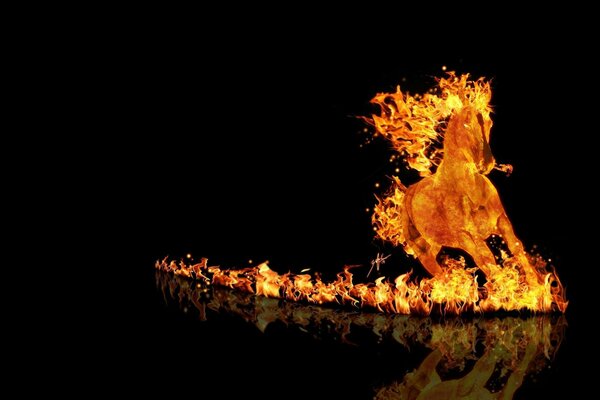 A galloping fiery horse on a black background